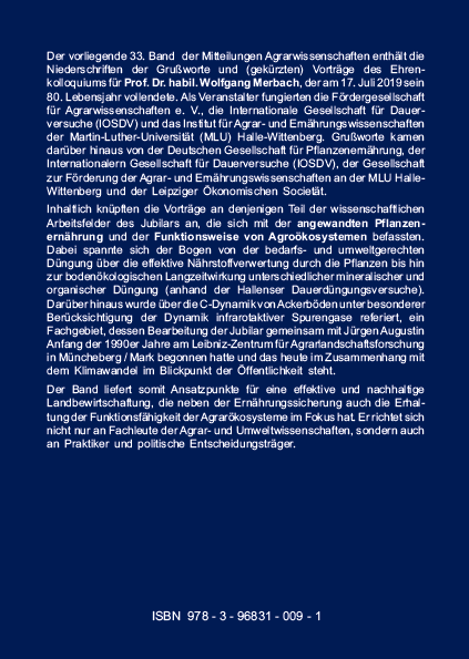 Backcover - Boese, Körschens, Herbst, Augustin - Aspekte der angewandten Pflanzenernährung - ISBN 978-3-96831-009-1