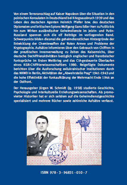 Backcover - Jürgen Schmidt (Hrsg.) - Spionage, Chiffren und chemische Kampfstoffe - ISBN 978-3-96831-010-7 - Verlag Dr. Köster