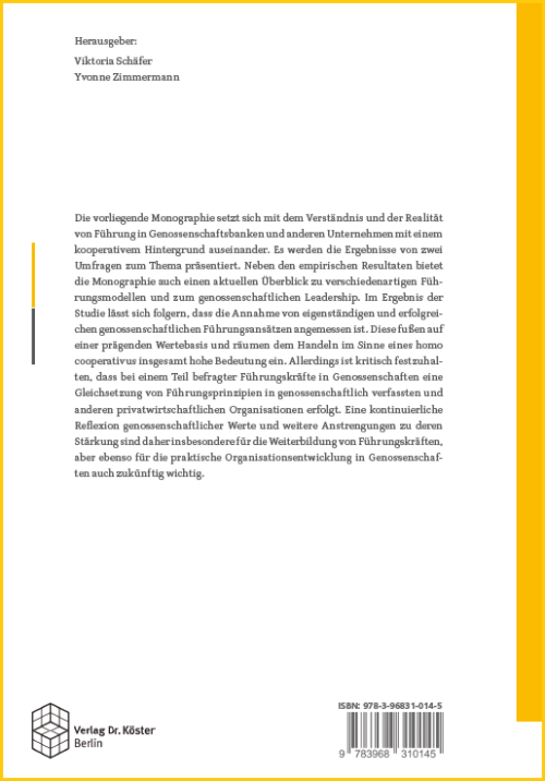 Backcover - Kennzeichen und Potentiale genossenschaftlicher Führung - Verlag Dr. Köster - ISBN 978-3-96831-014-5